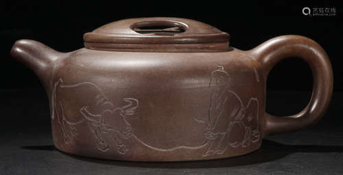 A ZISHA CARVED STORY PATTERN TEA POT