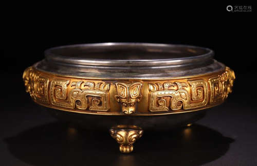 A GILT SILVER CASTED BEAST PATTERN TRIPOD CENSER