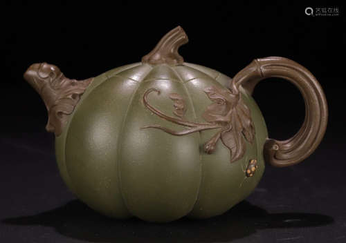 A ZISHA CARVED PUMPKIN SHAPED TEA POT