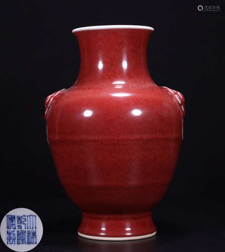 A RED GLAZE BEAST EAR ZUN VASE