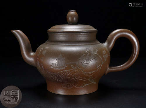 A ZISHA CARVED LANDSCAPE PATTERN TEA POT