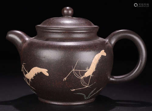 A ZISHA CARVED SHRIMP PATTERN TEA POT