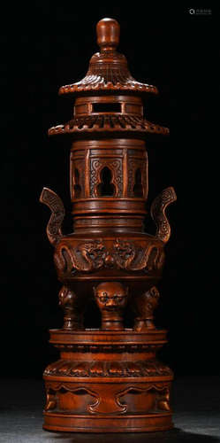 A HUANGYANG WOOD CARVED STUPA SHAPED CENSER