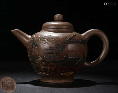 A ZISHA CARVED LANDSCAPE PATTERN TEA POT