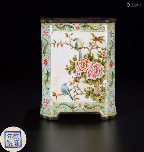 A BRONZE CASTED ENAMEL GLAZE FLOWER PEN HOLDER