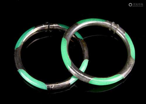 Chinese A Pair Of Jadeite Silver Bangles