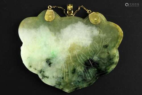 Chinese Carved Jadeite and Gold Pendant