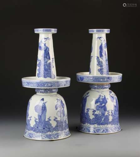 Pair of Chinese Blue and White Candle Holders