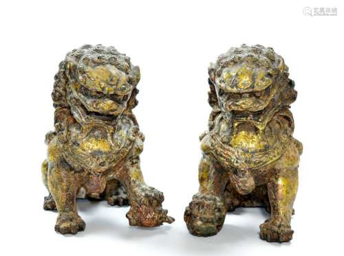 Pair of Chinese Gilt Bronze Foo-Dog