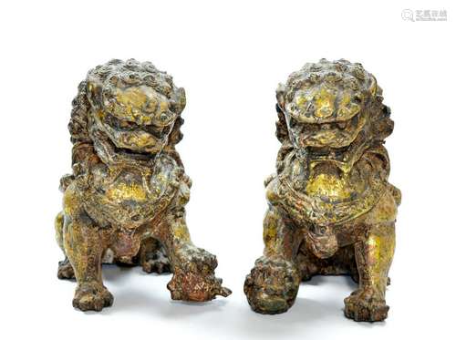 Pair of Chinese Gilt Bronze Foo-Dog