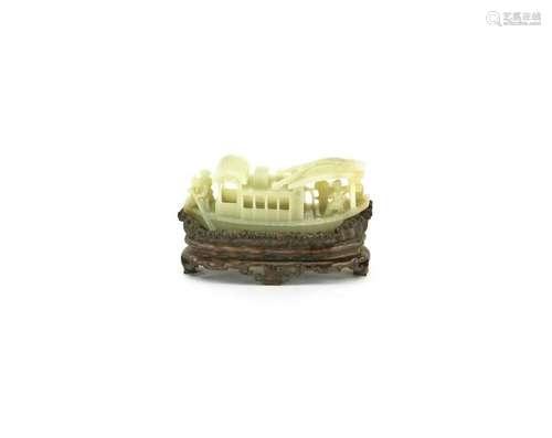 Chinese Carved White Jade Boat