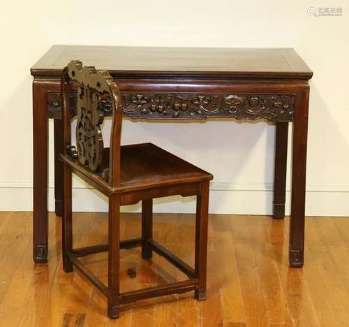 19thC Chinese Hardwood Carved Desk and Chair