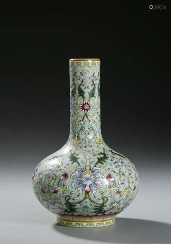 Chinese Lime-Ground Famille Rose Vase