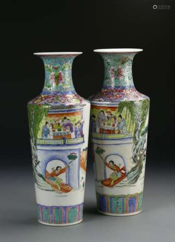 Pair of Chinese Famille Rose Rouleau Vases