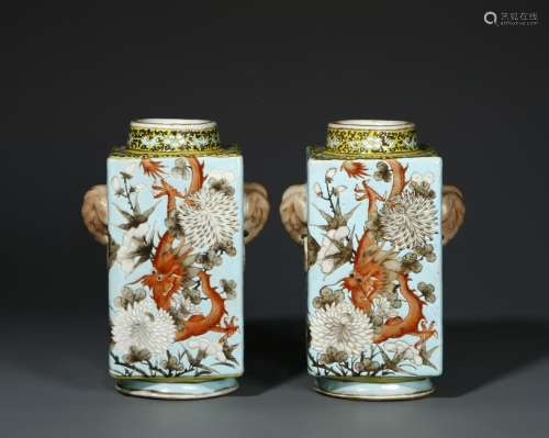 Pair of Chinese Turquoise-Ground Cong-Form Vases