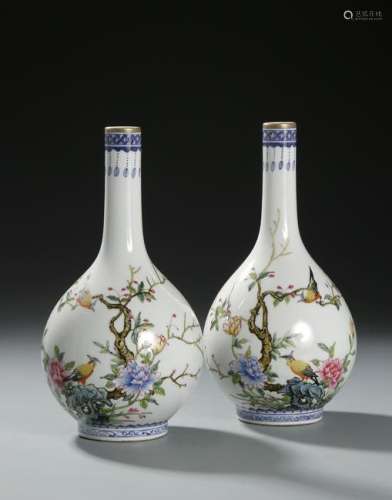 Pair of Chinese Famille Rose Bottle Vases