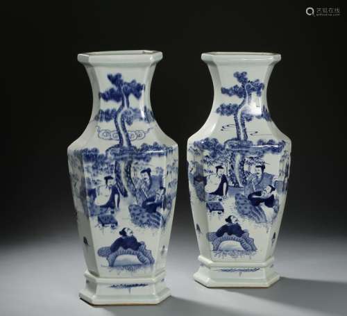 Pair of Chinese Blue and White Hexagonal Vase
