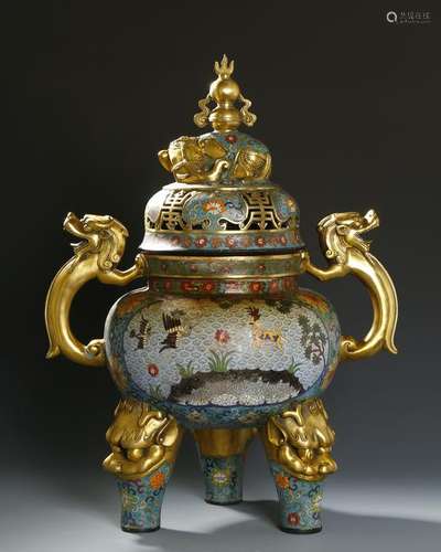 Large Cloisonne Enamel Tripod Censer and Cover