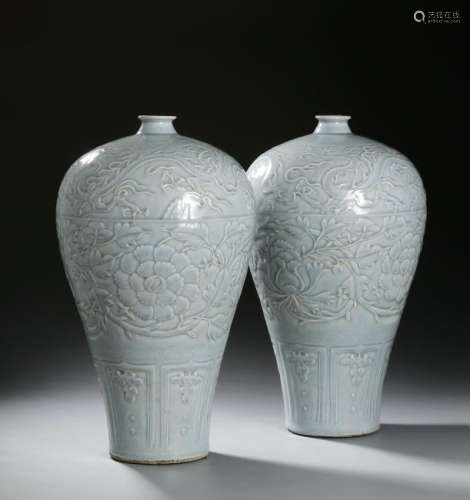 Pair Large Ying-Ching 'Peony' Meiping Vases