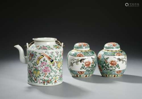 Three Chinese Famille Jars and Teapot