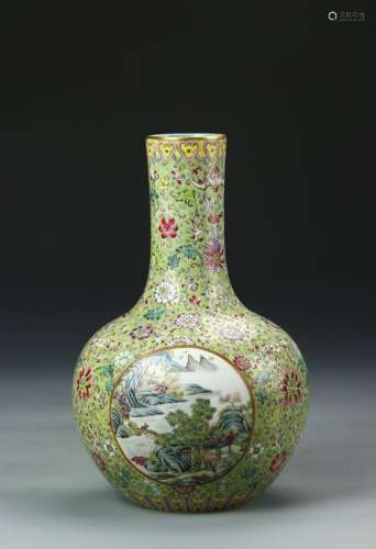 Chinese Lime-Ground Famille Rose Vase