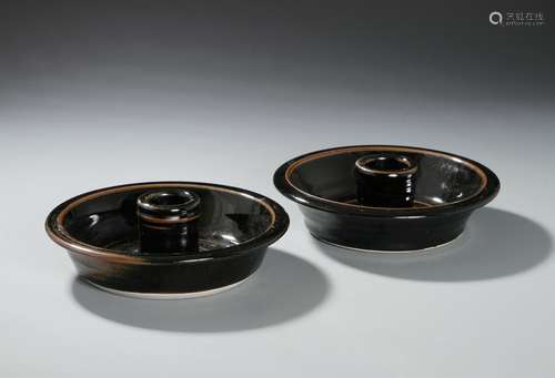 Pair of Chinese Black Glazed Candle Holders