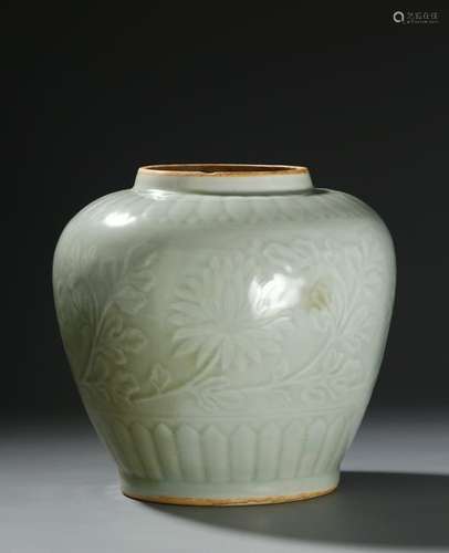 Chinese Carved Celadon Glazed Ginger Jar