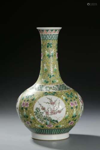 Chinese Yellow-Ground Famille Rose Bottle Vase