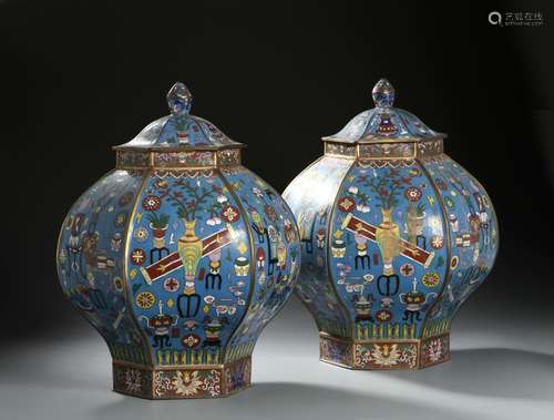 Pair Chinese Cloisonne Hexagonal Jars with Cover