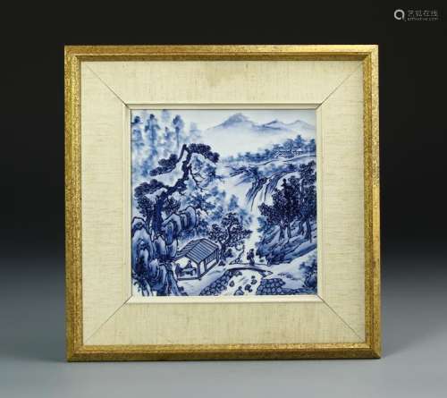 Chinese Framed Blue and White Porcelain Plaque