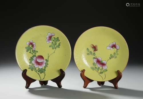 Pair of Chinese Yellow Ground Famille Rose Dishes