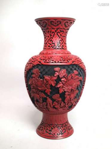 Chinese Cinnebar Vase with Peony Motif