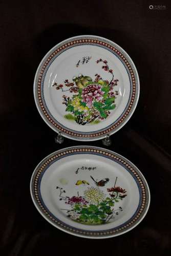 Pair Chinese Porcelain Dishes with Bird Motif