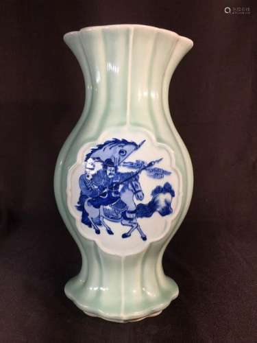 Chinese Celadon Porcelain Vase with BW warriors