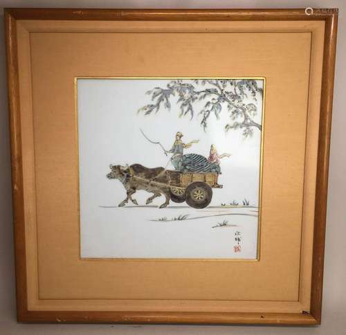 Japanese Porcelain Plaque - Arabian on Ox Wagon