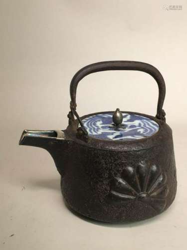 Japanese Iron Teapot with Silver Inlay