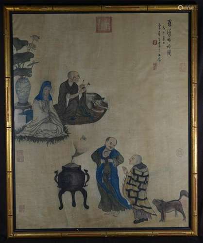 Chinese Framed Silk Painting of Lohans