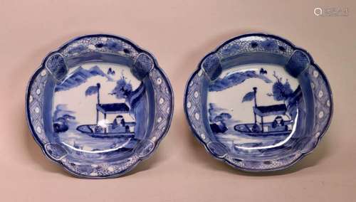 Pair 18th cen Japanese Arita Blue White Porcelain Bowls