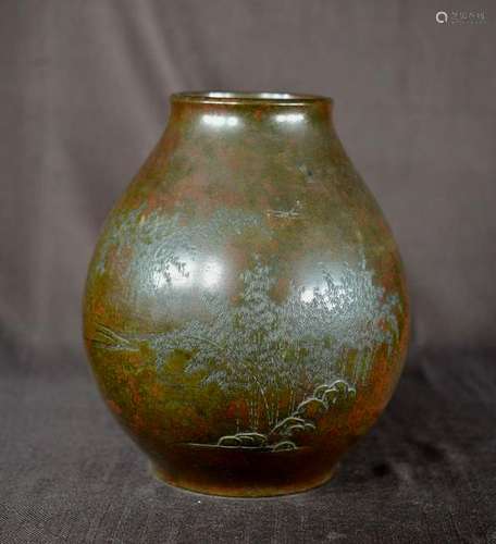 Japanese Bronze Vase with Bamboo Scene