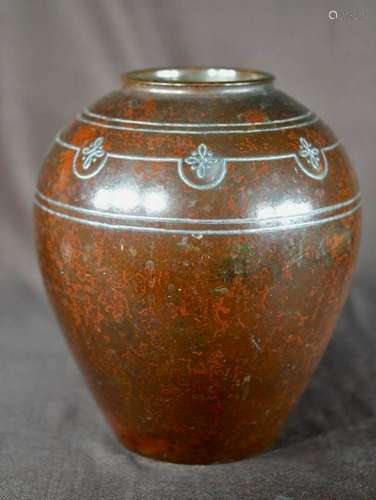 Japanese Bronze Vase with Art Deco Silver Inlay