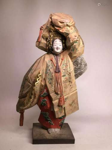 Large Japanese Carved Wood Actor - Polychrome with Box