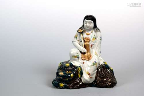 Japanese Kutani Porcelain Kuanyin on Lion