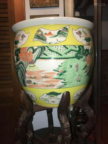 Chinese Yellow Famille Verte Porcelain Fishbowl