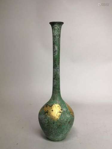 Japanese Bronze Long neck Vase with Parcel Gilt