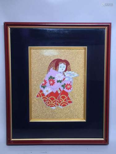 Japanese Framed Embroidery Kesi of a Girl