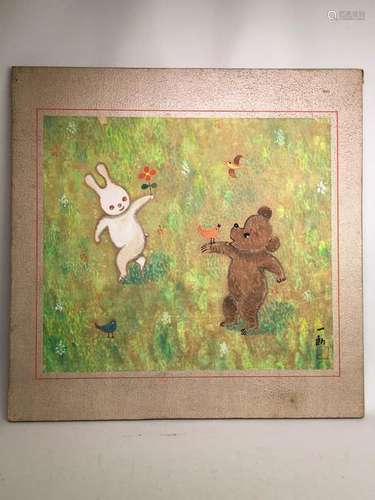 Japanese Water Color of Rabbit and Bear