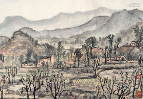 李可染（1907～1989） 1954年作 乡村写生 镜框 设色纸本