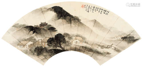 吴石僊（1845～1916） 1913年作 溪柳烟雨 扇面 设色纸本