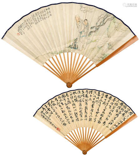 钱慧安（1833～1911）张伯英（1871～1949） 人物 书法 成扇 设色纸本