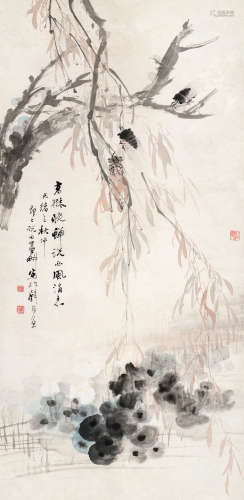 倪田（1855～1919） 1905年作 柳蝉图 立轴 设色纸本
